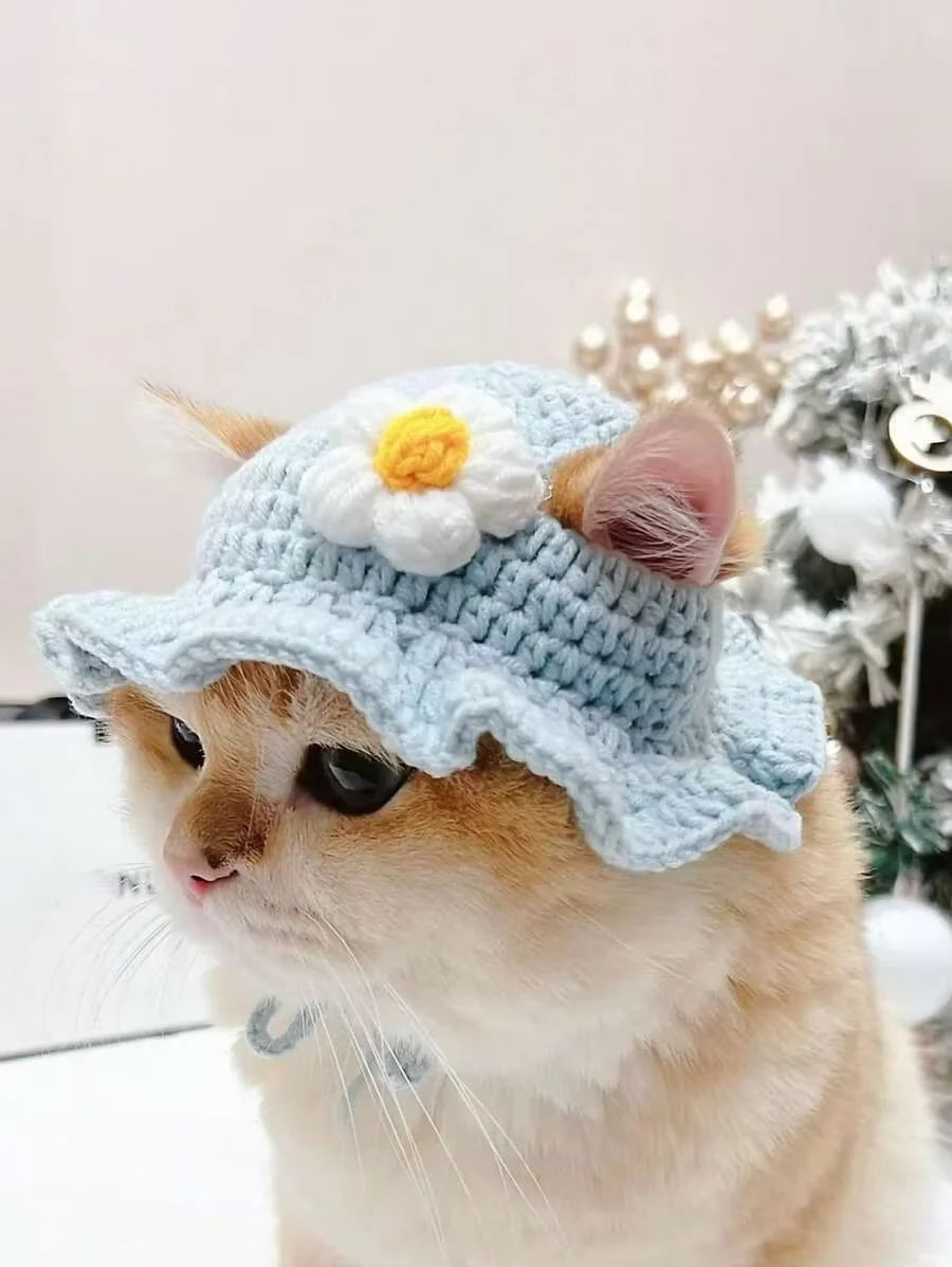 Knitted Pet Hat with Flower for Cats & Small Dogs