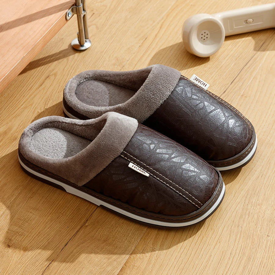 Men's Waterproof PU Leather Winter Slippers - Fur Lined Large Size 40-51