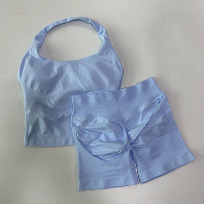 Women's 2-Piece Gym Set – Backless Halter Top & Seamless Shorts