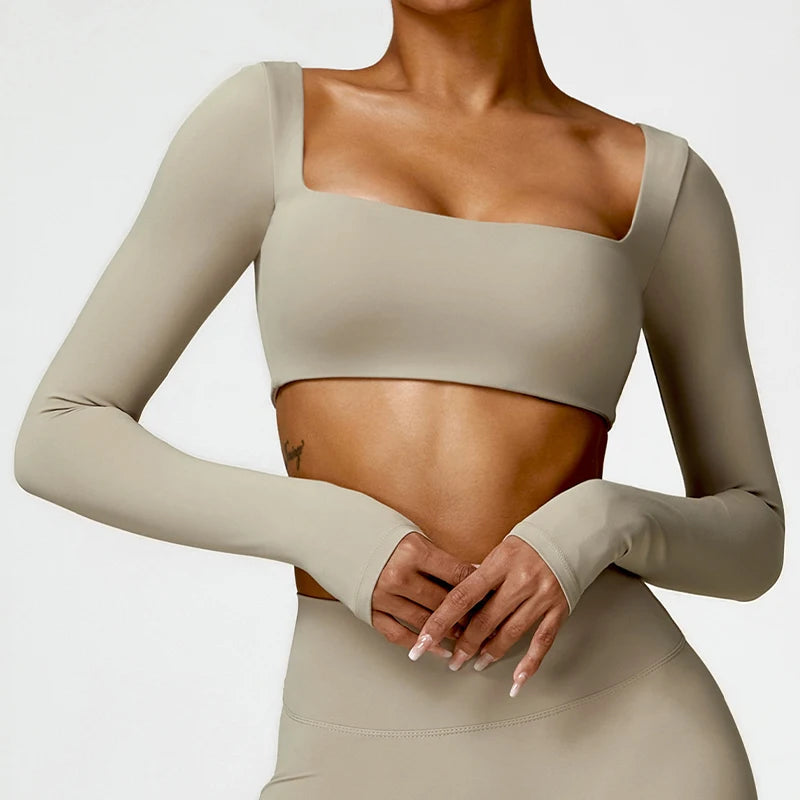 Women's Long Sleeve Square Neck Crop Top Gym Shirt