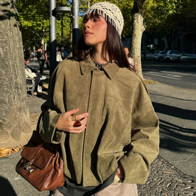Suede Cropped Bomber Jacket Women Oversized Batwing Sleeve Casual Coat