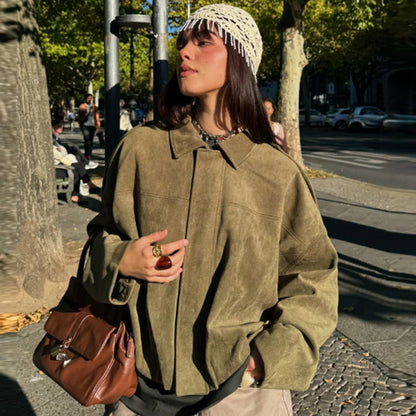 Suede Cropped Bomber Jacket Women Oversized Batwing Sleeve Casual Coat