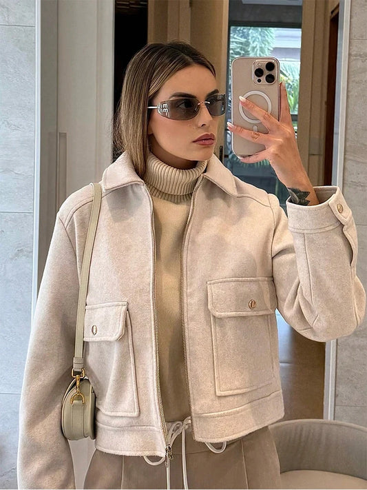 Women's Cropped Zip-Up Jacket – Short Elegant Coat with Pockets