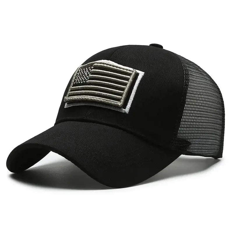 Camouflage Baseball Cap with American Flag Patch – Men's Mesh Trucker Hat