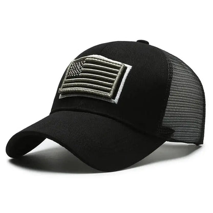 Camouflage Baseball Cap with American Flag Patch – Men's Mesh Trucker Hat