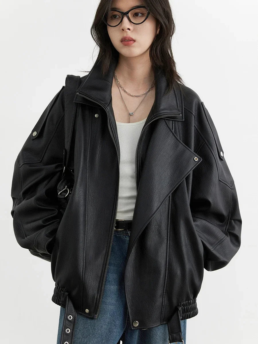 Women's Oversized Faux Leather Moto Jacket
