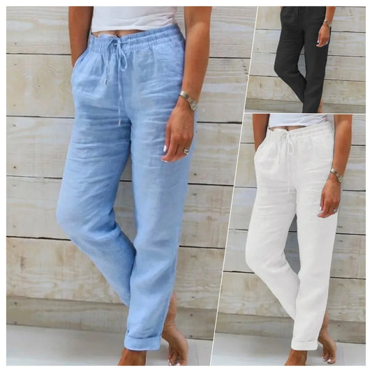 Women's Cotton Linen Summer Pants – Casual Elastic Waist Loose Trousers