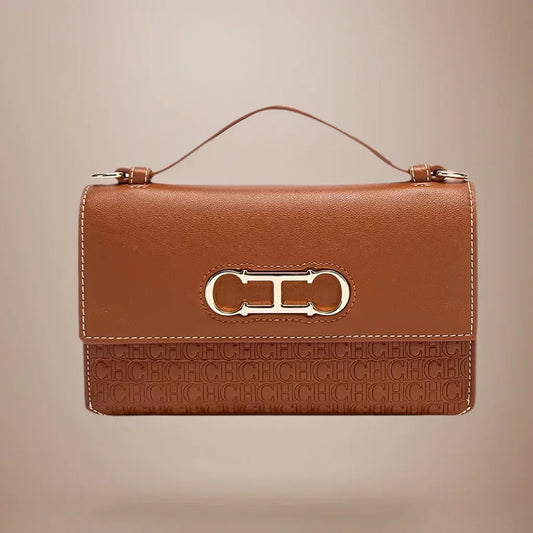 Premium Leather Monogram Handbag with Metallic Clasp & Top Handle