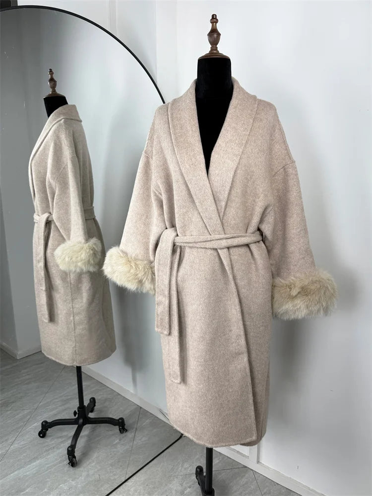 Women's Wool Coat with Fox Fur Cuffs – Elegant Belted Wrap Cardigan