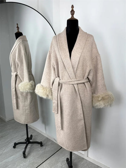 Women's Wool Coat with Fox Fur Cuffs – Elegant Belted Wrap Cardigan