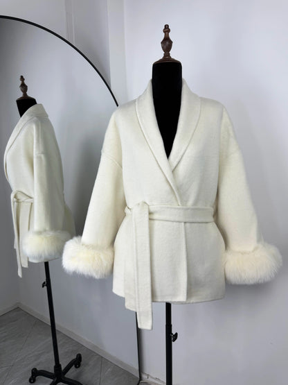 Women's Fox Fur Trim Double-Sided Wool Coat – Belted Elegant Wrap