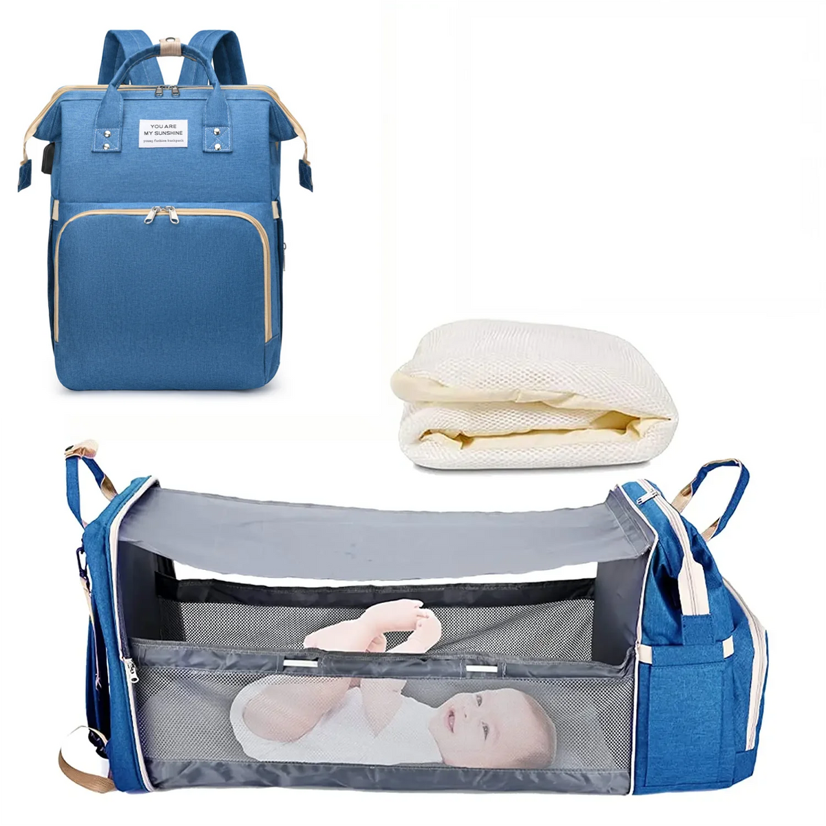 3-in-1 Diaper Bag Backpack with Foldable Baby Bed & USB Charging Port