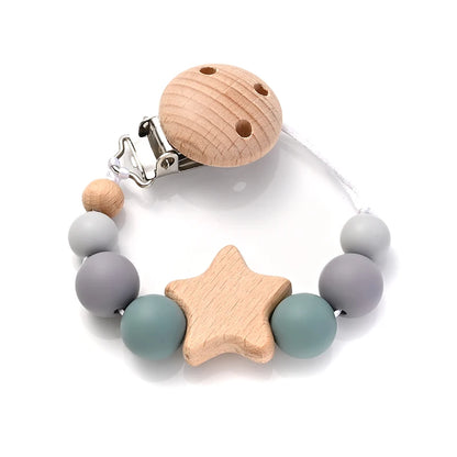 Wooden Star Pacifier Clip Chain with Silicone Teething Beads