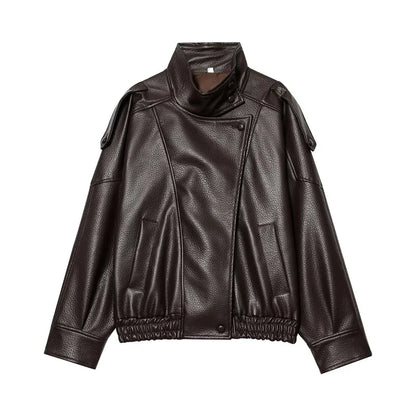 Oversized Faux Leather Bomber Jacket for Women
