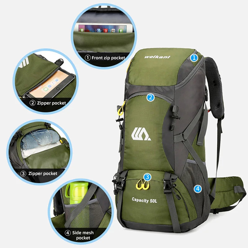 50L Hiking Backpack with Rain Cover – Waterproof Outdoor Travel Bag
