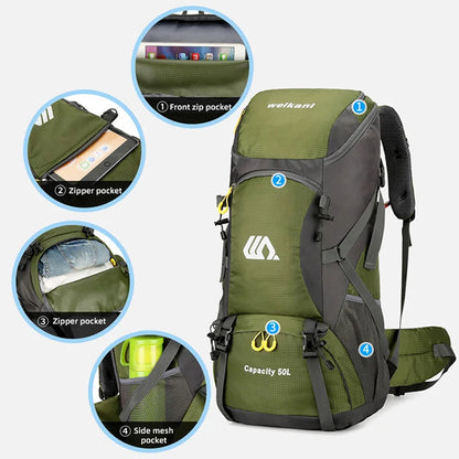 50L Hiking Backpack with Rain Cover – Waterproof Outdoor Travel Bag