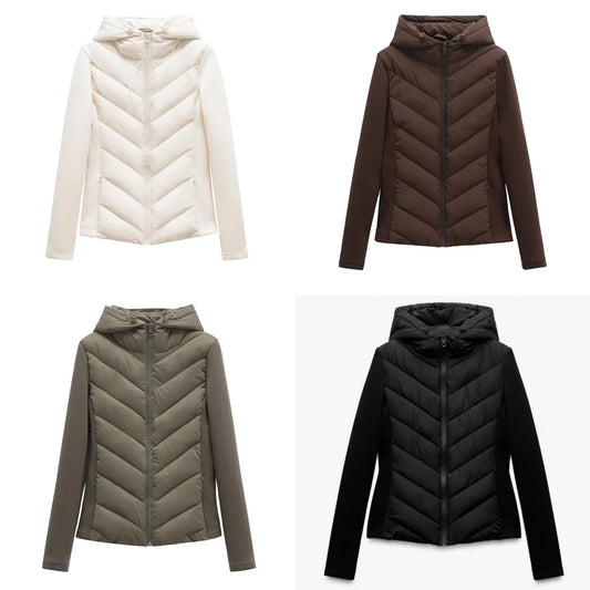 Women's Hooded Patchwork Jacket – Quilted Front Sport Coat