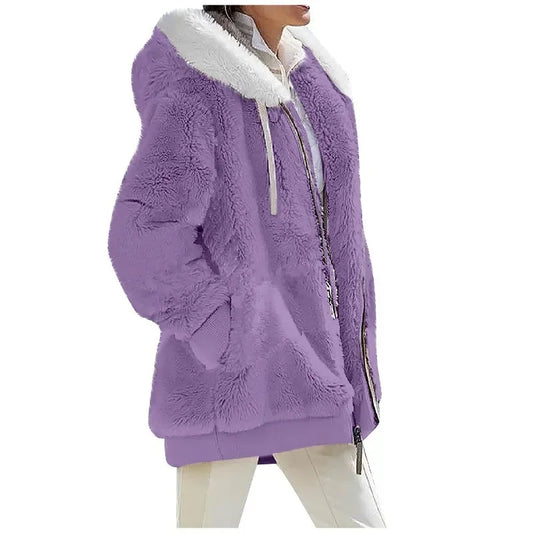 Women's Hooded Fleece Zip-Up Jacket – Cozy Oversized Coat