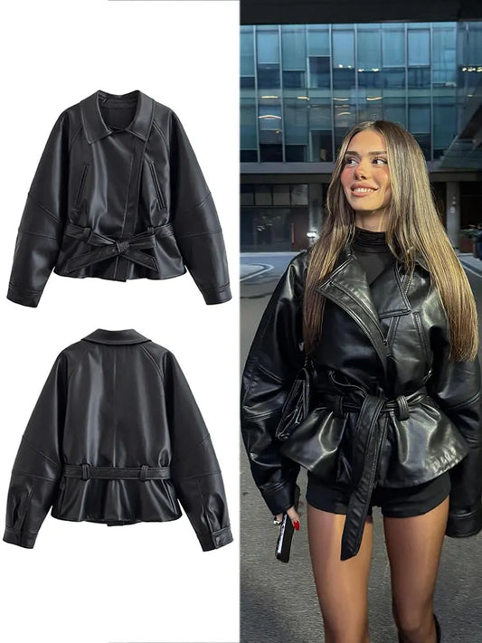 Women's Faux Leather Jacket – Belted Short Moto Coat