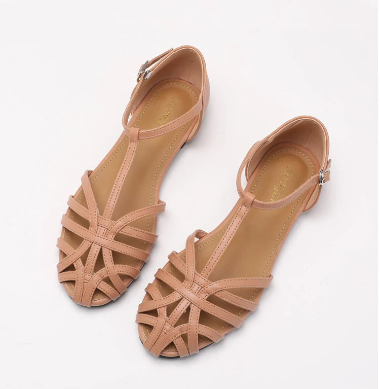 Women's Flat Roman Sandals – Woven Cross-Strap Cage Sandals with Ankle Buckle