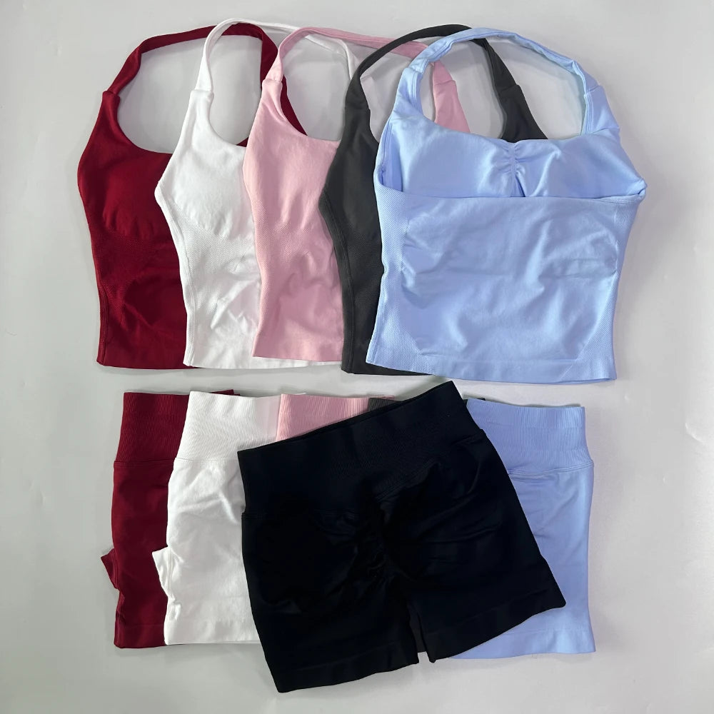 Women's 2-Piece Gym Set – Backless Halter Top & Seamless Shorts