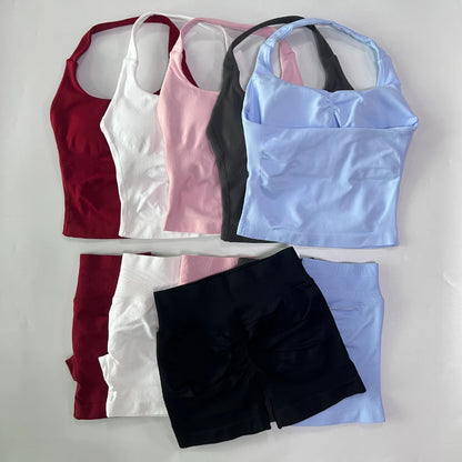 Women's 2-Piece Gym Set – Backless Halter Top & Seamless Shorts