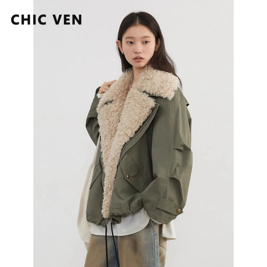 Women's Oversized Cotton Jacket with Faux Fur Collar