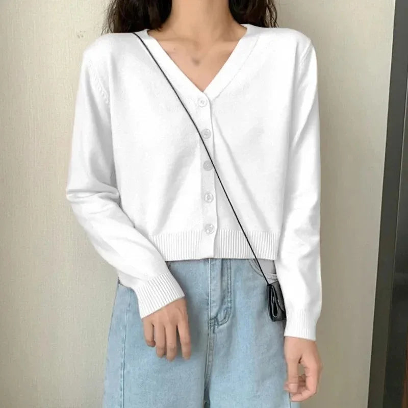 Women's Cropped Knit Cardigan – V-Neck Long Sleeve Button-Down Sweater
