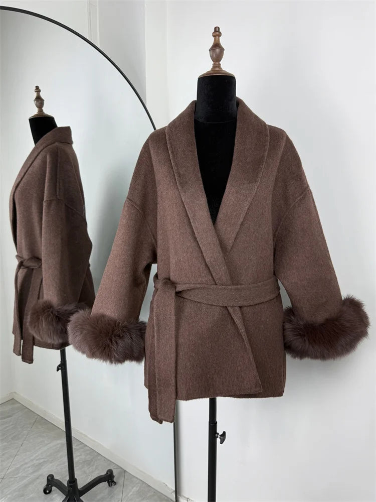 Women's Wool Coat with Fox Fur Cuffs – Elegant Belted Wrap Cardigan