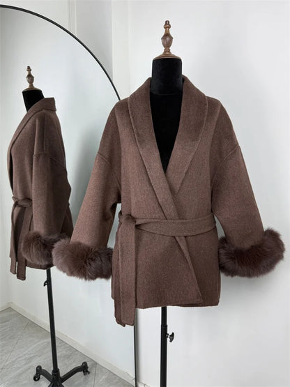 Women's Wool Coat with Fox Fur Cuffs – Elegant Belted Wrap Cardigan