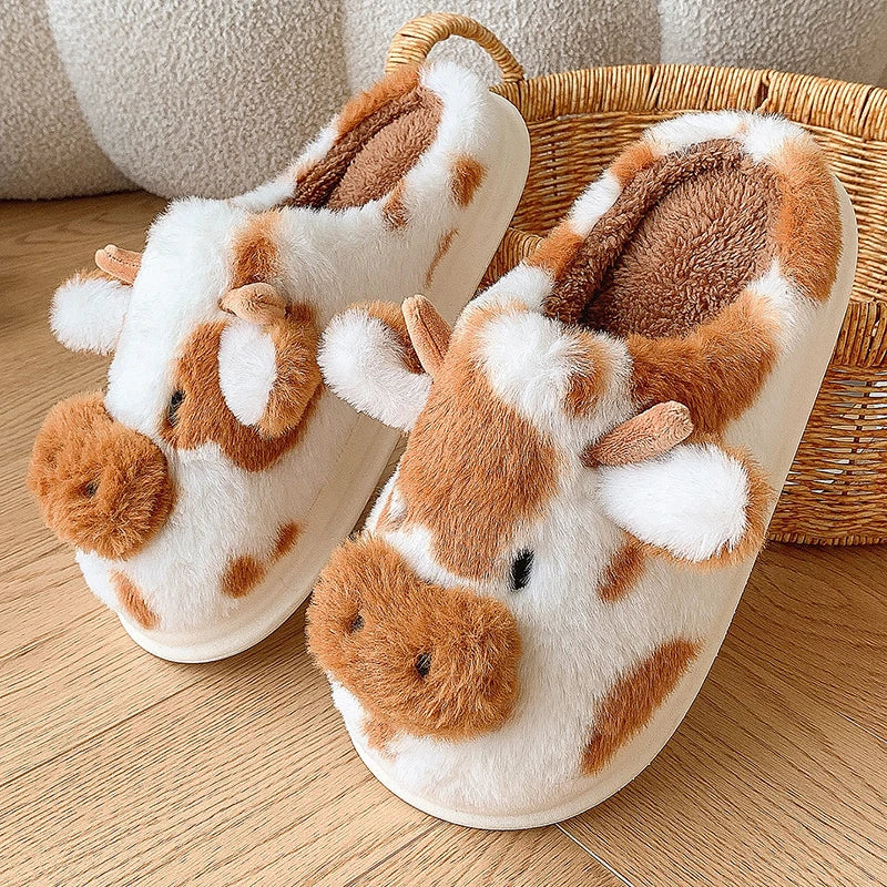 Cute Cartoon Cow Plush Slippers - Fluffy Fuzzy Fur Winter House Slides