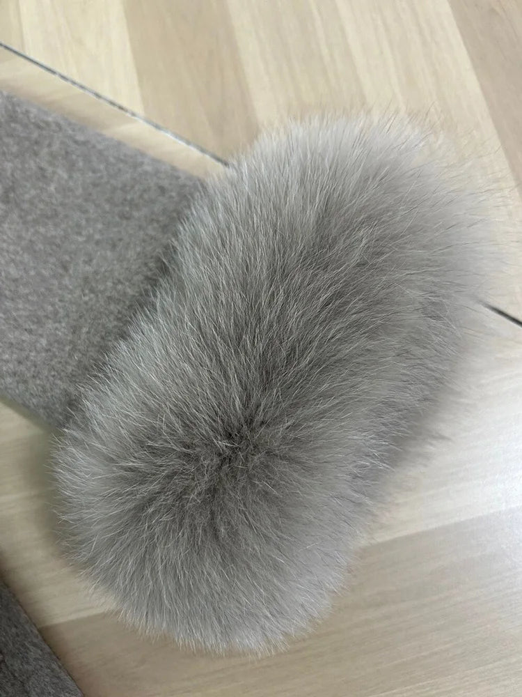 Women's Wool Coat with Fox Fur Cuffs – Elegant Belted Wrap Cardigan
