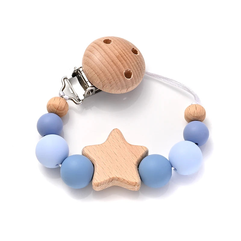 Wooden Star Pacifier Clip Chain with Silicone Teething Beads