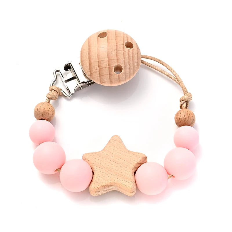 Wooden Star Pacifier Clip Chain with Silicone Teething Beads