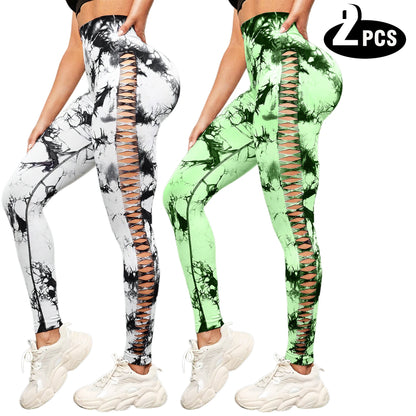 2-Pack High Waist Butt Lifting Yoga Leggings – Side Cutout Lace-Up