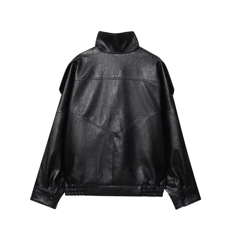 Oversized Faux Leather Bomber Jacket for Women