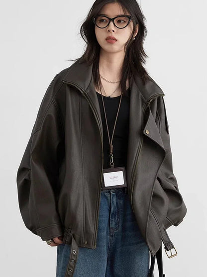 Women's Oversized Faux Leather Moto Jacket