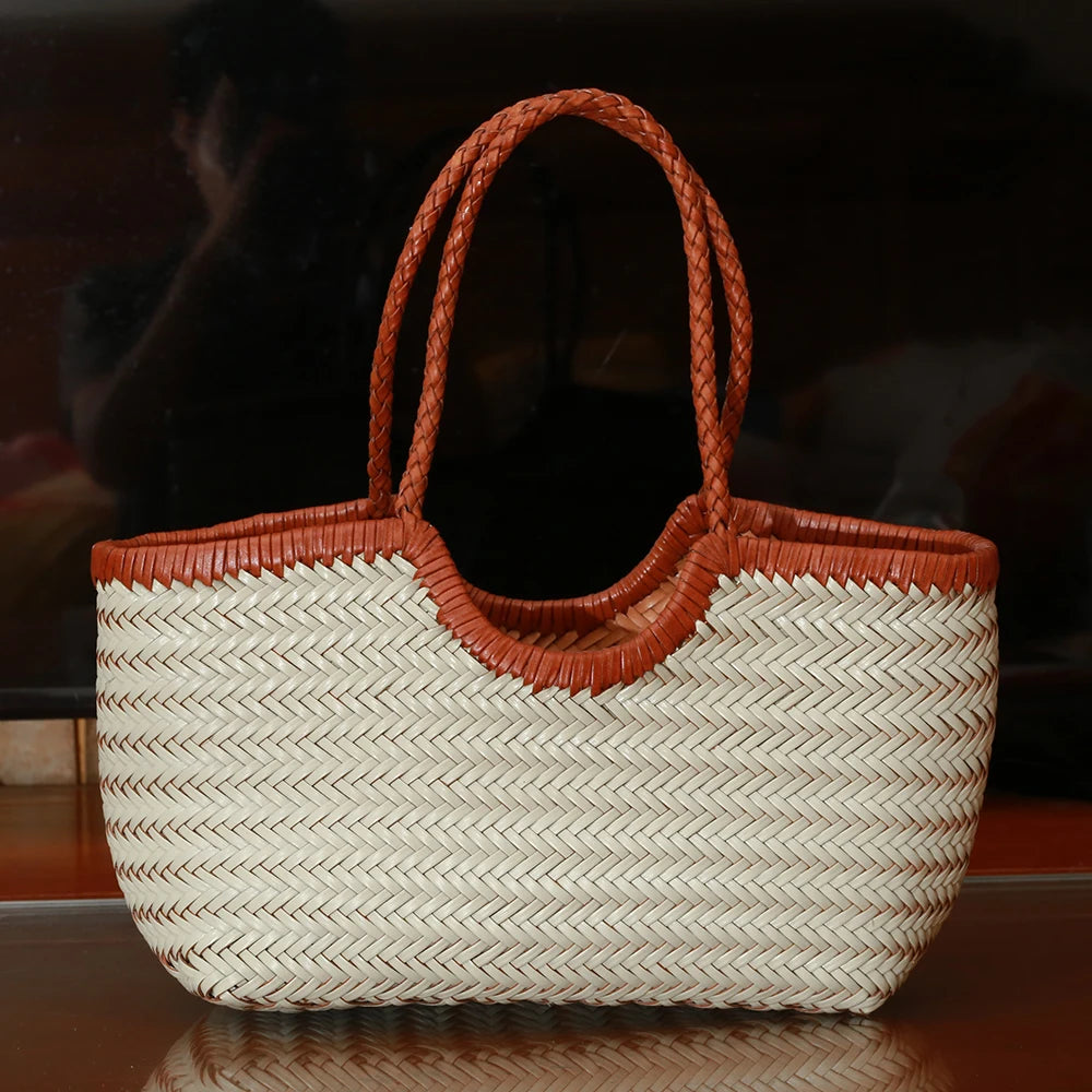 Woven Genuine Leather Tote Bag for Women – Cowhide Shoulder Bag