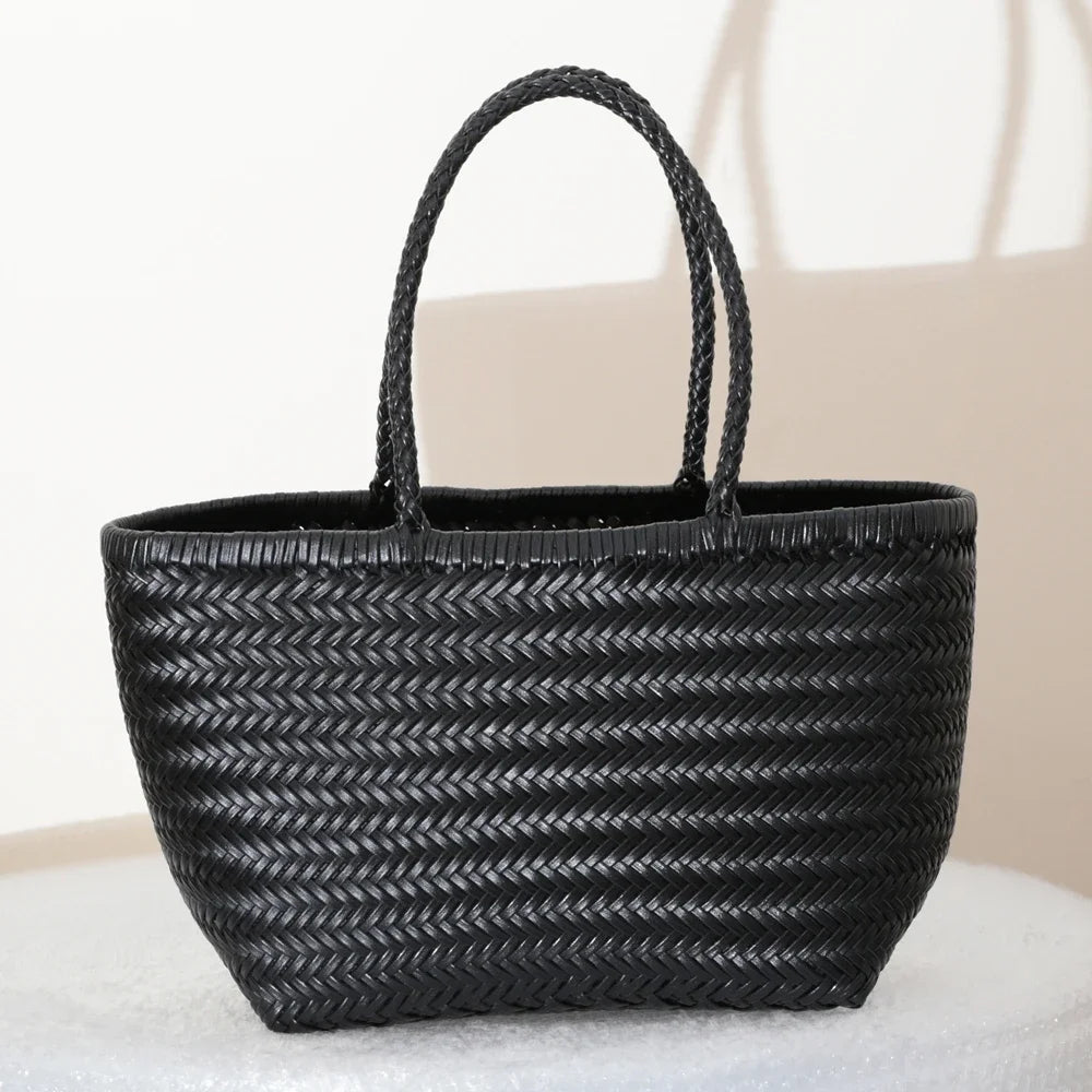 Woven Genuine Leather Tote Bag for Women – Cowhide Shoulder Bag