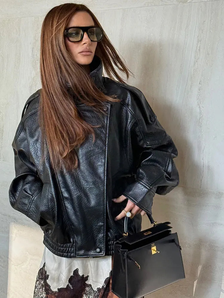 Faux Leather Moto Jacket for Women – Oversized PU Streetwear Coat