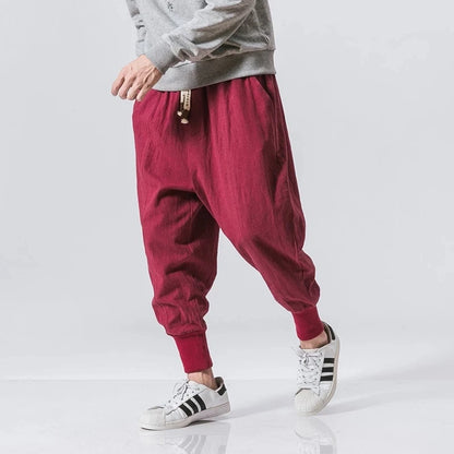 Men's Cotton Linen Harem Pants – Baggy Drop-Crotch Joggers