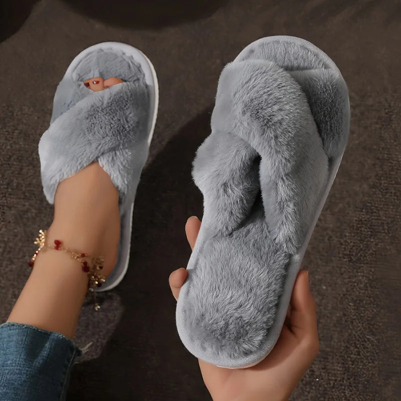 Women's Cross Strap Faux Fur Slippers – Cozy Indoor House Shoes