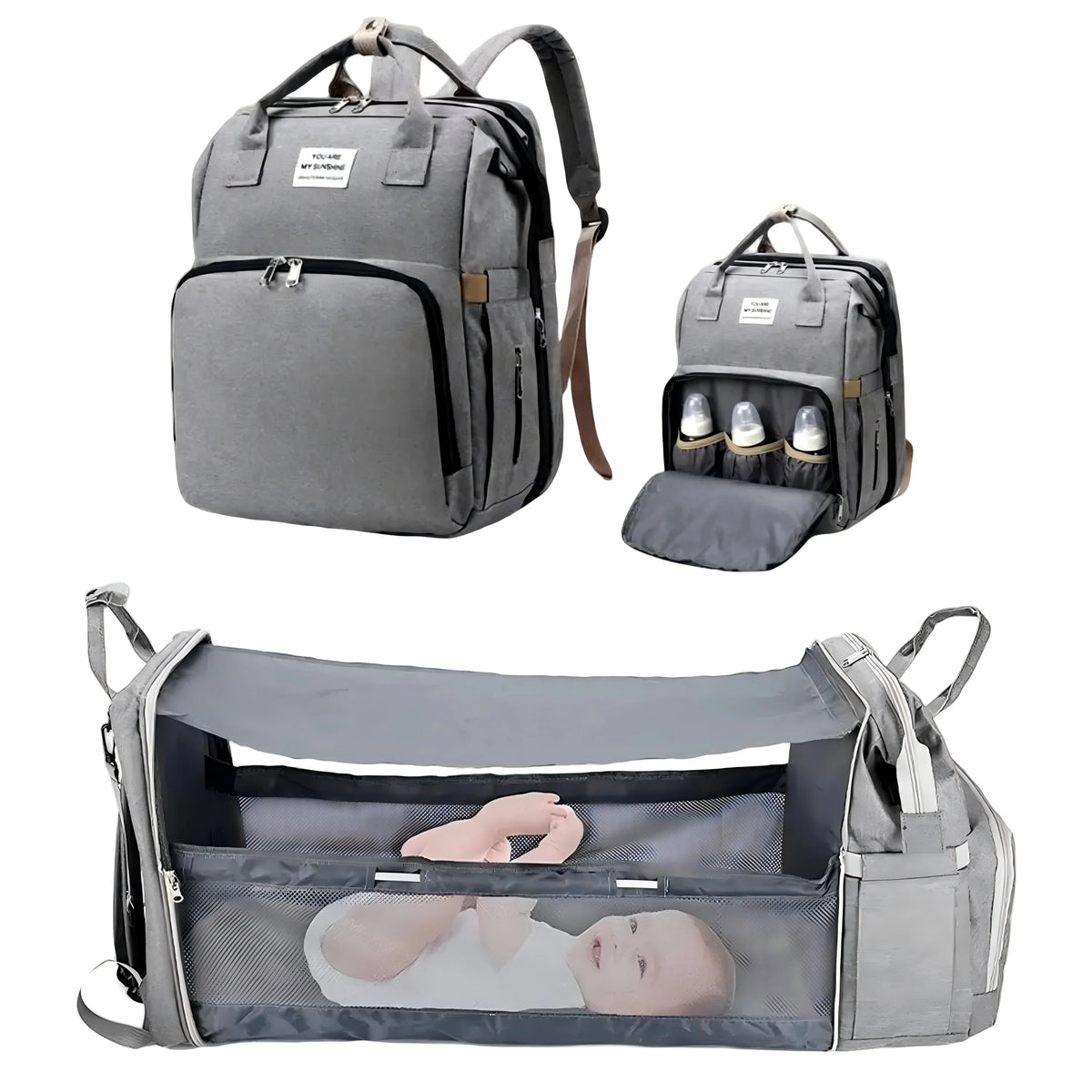 3-in-1 Diaper Bag Backpack with Foldable Baby Bed & USB Charging Port
