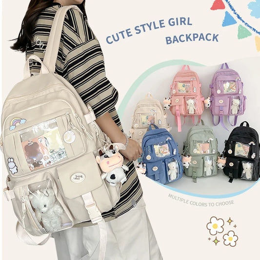 Cute Nylon Backpack for Girls & Students – Multi-Pocket