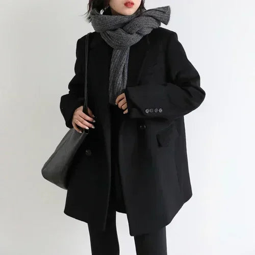 Women's Wool Blend Mid-Length Coat – Warm Office Blazer Overcoat