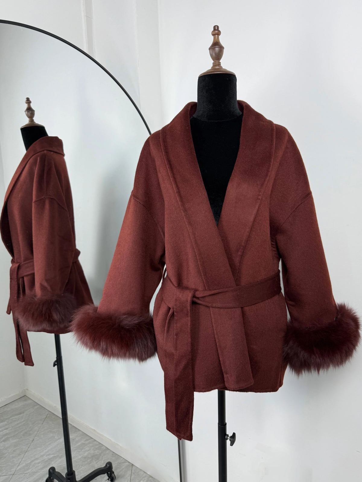 Women's Fox Fur Trim Double-Sided Wool Coat – Belted Elegant Wrap