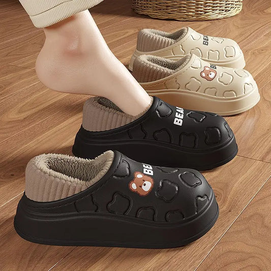 Waterproof Plush Winter Slippers – Warm Fleece-Lined Bear Clogs