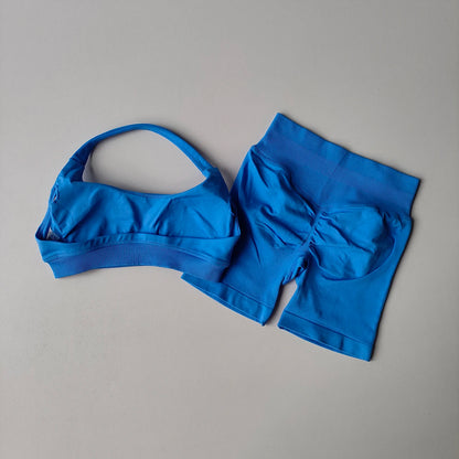 Seamless 2-Piece Workout Set – Halter Sports Bra & High-Waist Shorts