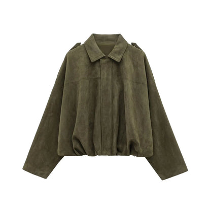 Women's Oversized Suede Coat – Batwing Sleeve Zip-Up Winter Jacket