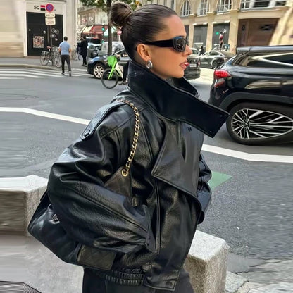 Women's Cropped Faux Leather Bomber Jacket – Oversized Zip-Up Coat